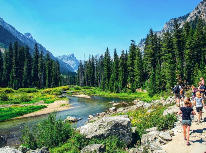 A group of hikers is walking along a rocky trail beside a river, surrounded by lush greenery and towering mountains under a clear, blue sky.
