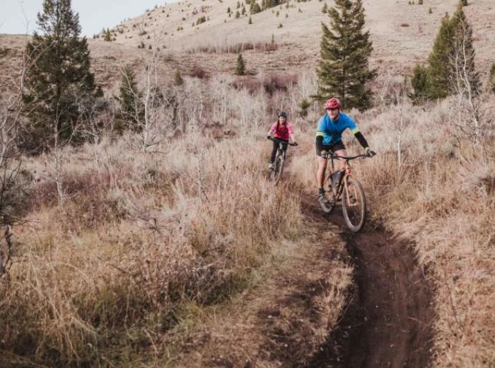 Two people are mountain biking on a dirt trail through a hilly, forested area with some trees and dry grass.