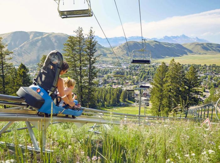 Two people riding a mountain roller coaster, surrounded by trees with a scenic view of a town and mountains in the background.